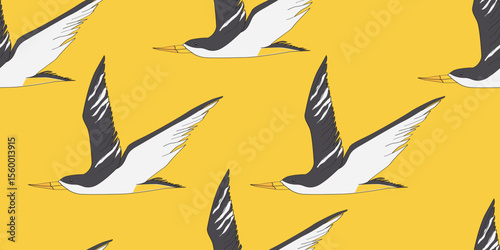 Vector seamless pattern with seagulls flying on yellow background. Seamless with birds flying. Pattern for fabric, baby clothes, background, textile, wrapping paper and other decoration.