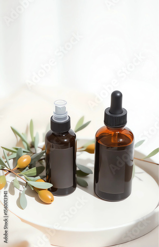 Two mockup skincare bottles — one spray and one dropper — on matte ceramic tray, surrounded by olive branches and soft beige linen, light shadows, neutral background