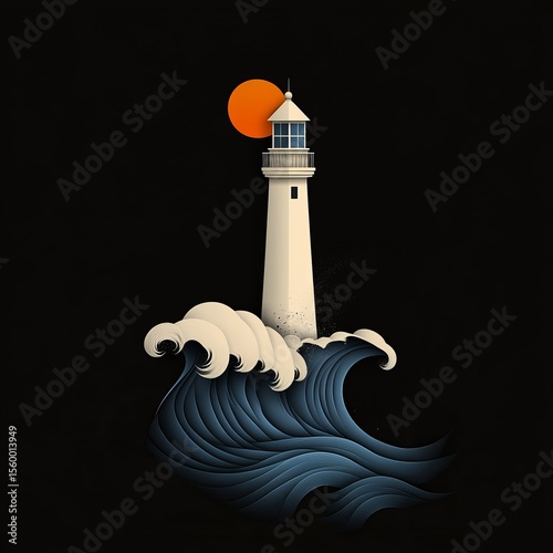 White lighthouse, big wave and red moon. Generative AI