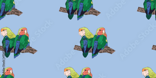 Fischer's Lovebird Parrot Cartoon Character Seamless Wallpaper Background.