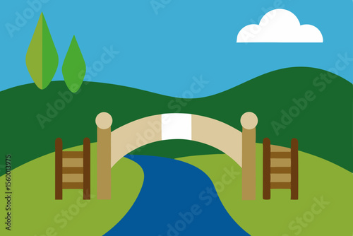 Serene Countryside Bridge A Peaceful River Scene Illustration