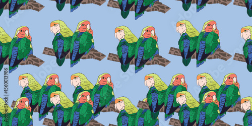Fischer's Lovebird Parrot Cartoon Character Seamless Wallpaper Background.