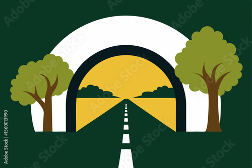 road through gate beneath oak trees