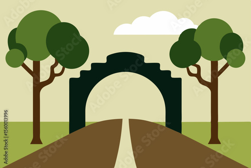 road through gate under arching oak trees