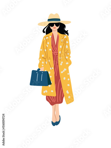 elegant young woman in coat and hat vector illustration
