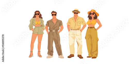 group of stylish young people in safari style clothing vector illustration