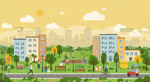 This vector image shows a sustainable urban neighborhood with cyclists and solar panels on buildings. 