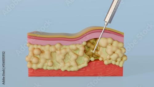 A 3D rendering illustrating the process of liposuction, specifically showing a cannula actively removing fat from the subcutaneous layer.