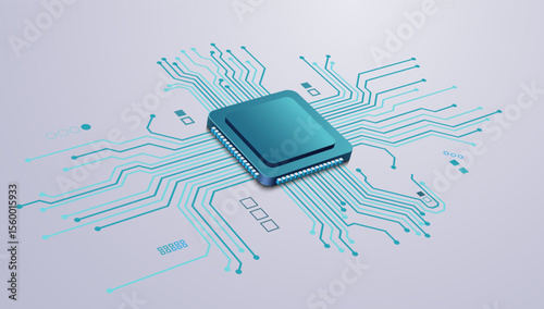 3D illustration of a microchip processor connected with a digital circuit board, symbolizing technology, computing, electronics, and digital innovation.
