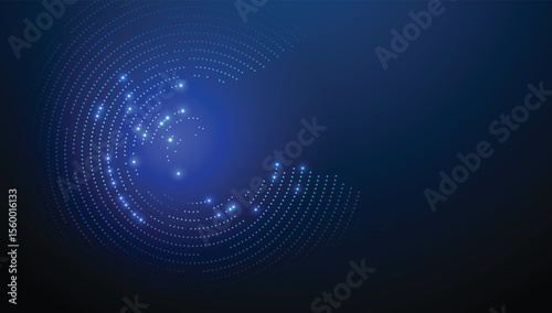 Abstract technology background with glowing circular dots and radial digital wave effects on a deep blue gradient backdrop. Perfect for data, AI, tech, communication, or futuristic design themes.