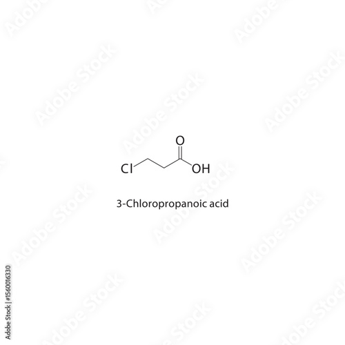 3-Chloropropanoic acid skeletal structure. Halogenated carboxylic acid compound schematic illustration. Simple diagram, chemical formula.