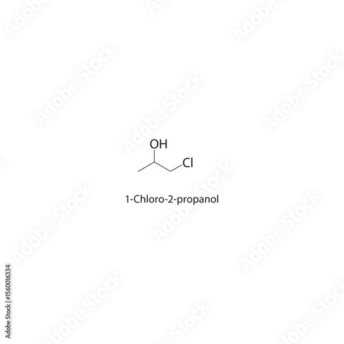 1-Chloro-2-propanol skeletal structure. Halogenated alcohol compound schematic illustration. Simple diagram, chemical formula.