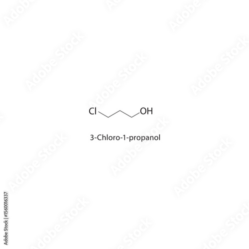 3-Chloro-1-propanol skeletal structure. Halogenated alcohol compound schematic illustration. Simple diagram, chemical formula.