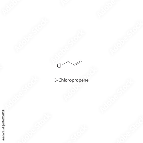 3-Chloropropene skeletal structure. Halogenated alkene compound schematic illustration. Simple diagram, chemical formula.