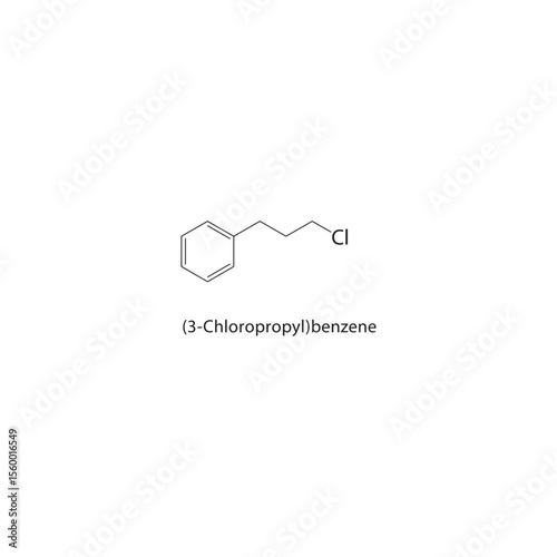 (3-Chloropropyl)benzene skeletal structure. Halogenated aryl alkane compound schematic illustration. Simple diagram, chemical formula.