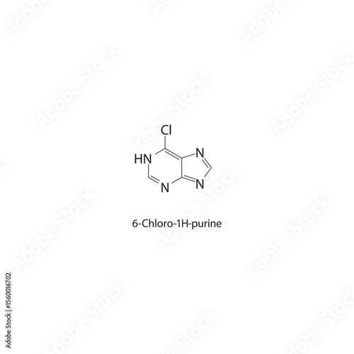 6-Chloro-1H-purine skeletal structure. Halogenated purine derivative compound schematic illustration. Simple diagram, chemical formula.