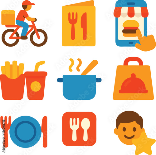 Vibrant food delivery and restaurant icons flat style vector illustrations for online ordering mobile apps and marketing