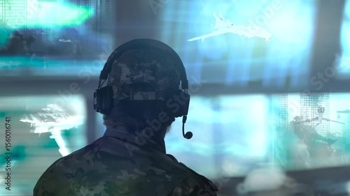 Military drone operator in the army call center with many blue monitors