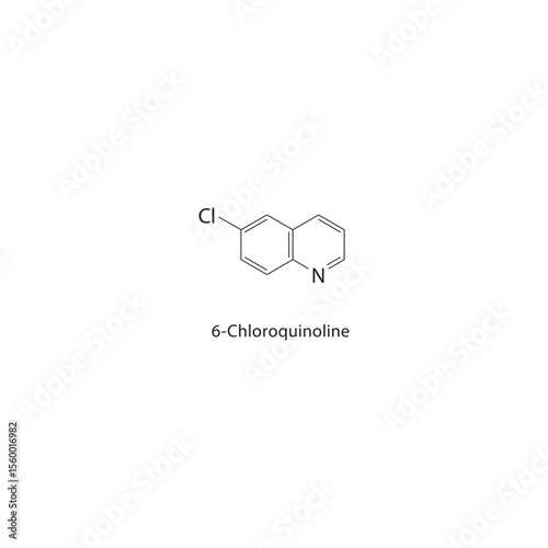 6-Chloroquinoline skeletal structure. Halogenated quinoline compound schematic illustration. Simple diagram, chemical formula.