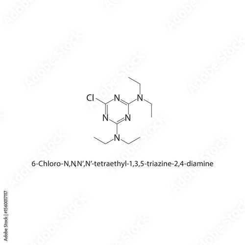 6-Chloro-N,N,N’,N’-tetraethyl-1,3,5-triazine-2,4-diamine skeletal structure. Halogenated triazine derivative compound schematic illustration. Simple diagram, chemical formula.