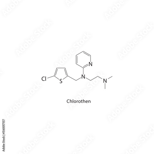 Chlorothen skeletal structure. Halogenated heterocyclic drug compound schematic illustration. Simple diagram, chemical formula.