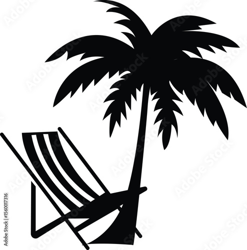 Beach chair under palm tree vector silhouette, Vector Illustration