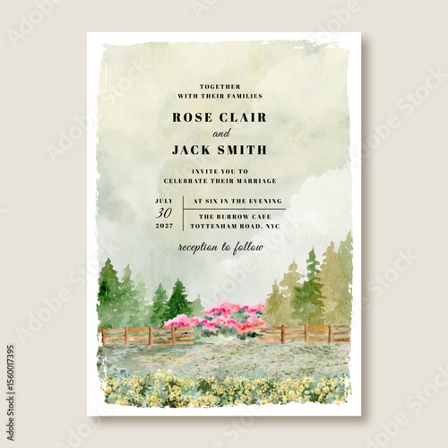wedding invitation card with beautiful landscape watercolor background