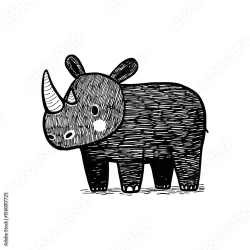Hand-drawn cartoon rhino with double horns in black doodle SVG style for educational content, animal books, safari-themed decor and zoo-related children’s designs