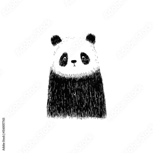 Sad-faced panda bear illustration in rough textured black doodle SVG style for Asian wildlife conservation projects, kids’ books and emotional animal character design