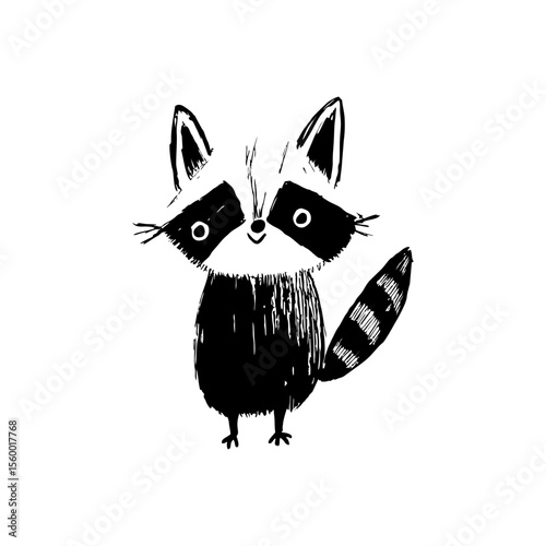 Happy raccoon with striped tail and pointed ears in playful hand-drawn black SVG doodle style for woodland nursery prints, greeting cards, and autumn-themed decor