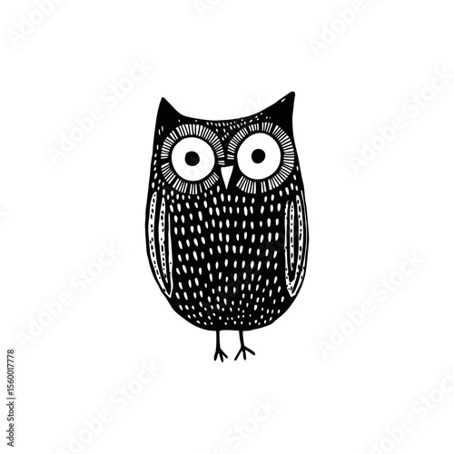  Wide-eyed cartoon owl with patterned feathers in black SVG doodle style for school-themed prints, educational logos, and nocturnal wildlife illustrations