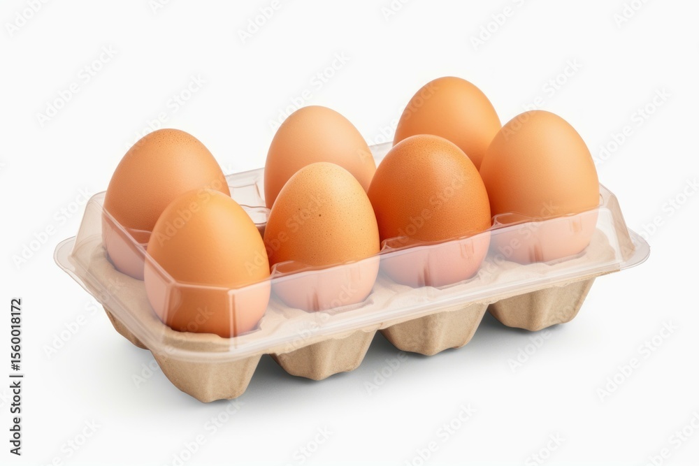 Six fresh brown eggs are nestled in a protective carton, ready for culinary use or grocery shopping Six fresh brown eggs are nestled in a protective carton, ready for culinary use or grocery shopping