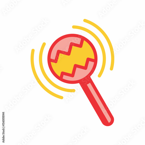Stylized Rattle Illustration with Sound Waves, Featuring a Red Handle and a Yellow Interior, Perfect for Children's Content and Musical Themes isolated on transparent background