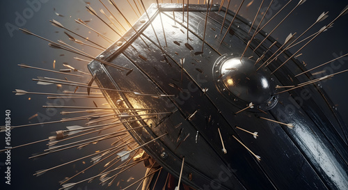 A battle-worn medieval shield is riddled with many arrows symbolizing a fierce defense or attack