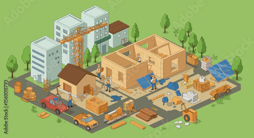 This vector image shows a construction site where a new building is being erected with a focus on sustainability.