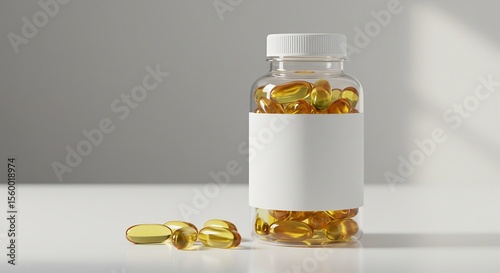 Omega 3 Fish Oil Supplements Bottle With Soft Gel Pills On Tabletop