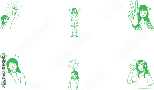 Set of Human Emotions and Idea Expressions - Line Art Vector Illustrations