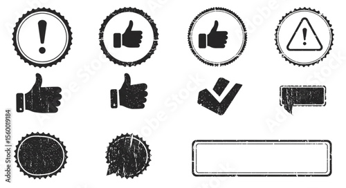 Collection of grunge styled vector icons including thumbs up exclamation and check mark symbols