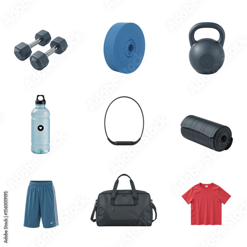 Arrangement of fitness equipment including dumbbells resistance band kettlebell and athletic apparel items