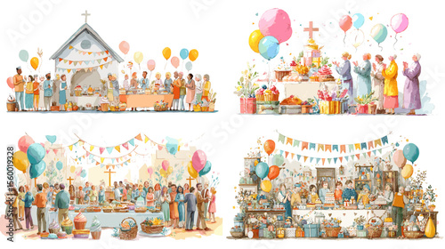 Cheerful hand-drawn illustration of church community festival with decorations, food, balloons, and people celebrating. Perfect for faith events and Christian community themes.

