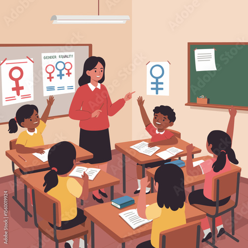 This vector image shows a healthcare professional educating a small group of people in a rural setting.