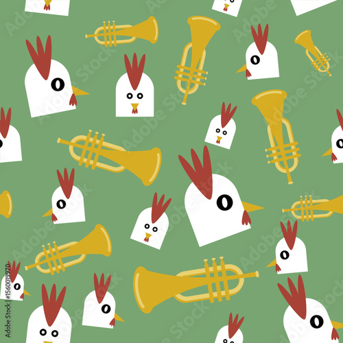 Fun pattern of roosters and golden trumpets on green background. Great for kid’s products, musical themes, or whimsical merchandise.