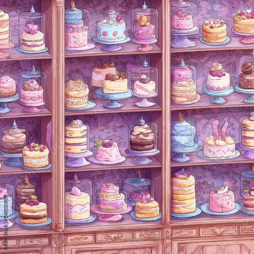 Wallpaper Mural Colorful Bakery Display with Cakes on Shelves in Seamless Pattern Torontodigital.ca