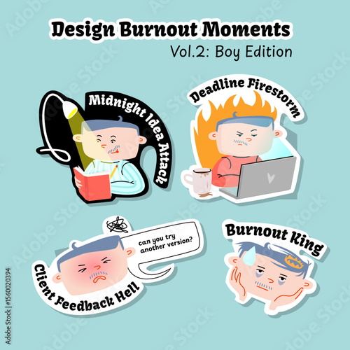 A comical sticker pack showing typical burnout moments in a designer’s life. Features four cartoon-style male characters. Ideal for digital use, social media, or editorial projects.