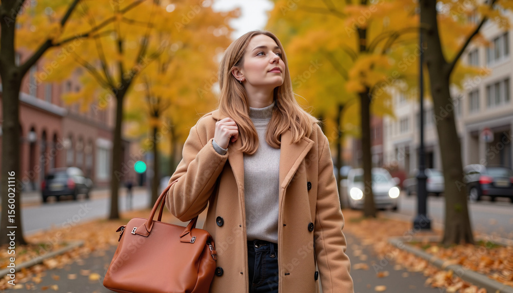 Fototapeta premium Young woman walking in autumn park with trees and fallen leaves 