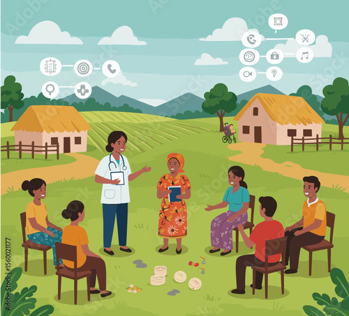 This vector image shows a healthcare professional educating a small group of people in a rural setting.