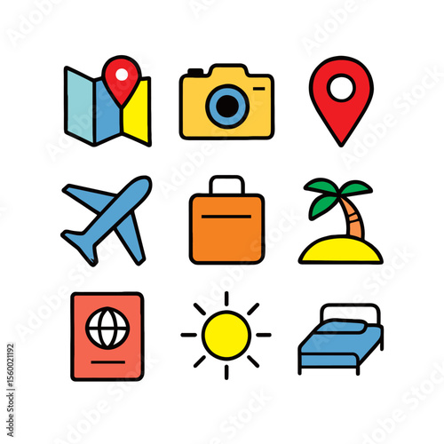 Minimalist Color Filled Travel Element Icon Set with Black Outline
