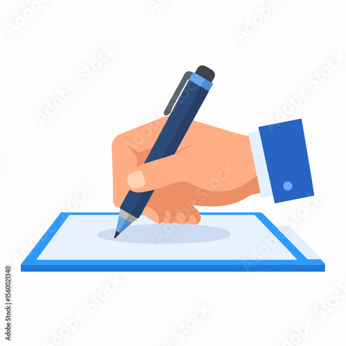 A hand in a suit writing on a pad with a pen