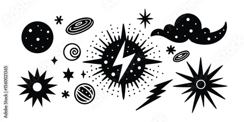 Celestial and cosmic elements line art illustration icon