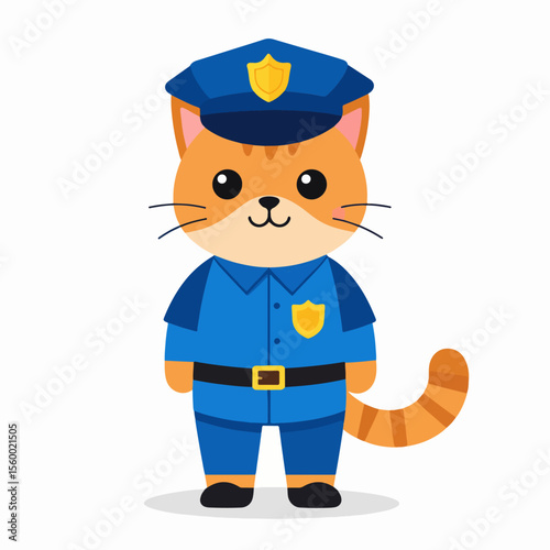 An orange cartoon cat dressed in a blue police uniform and hat